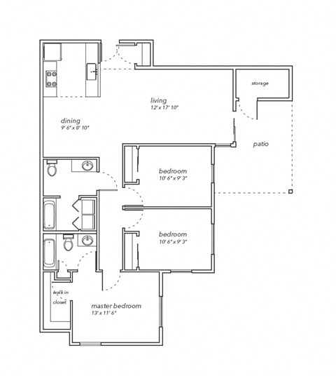 Floor plan for 3 beds, 2 baths, 1172 sqft
